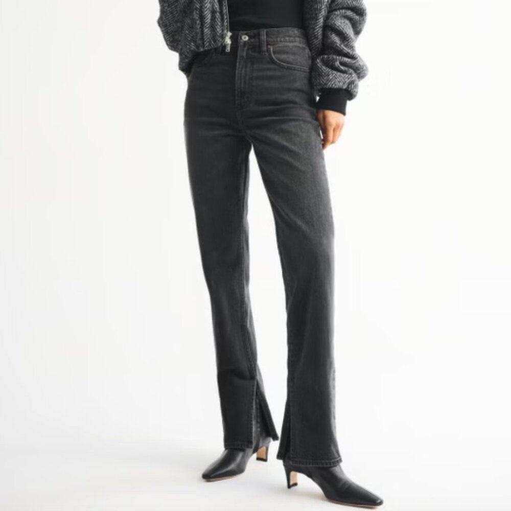 Abercrombie & Fitch Ultra High Rise 90s Straight Jean Washed Black Vent Hem 12